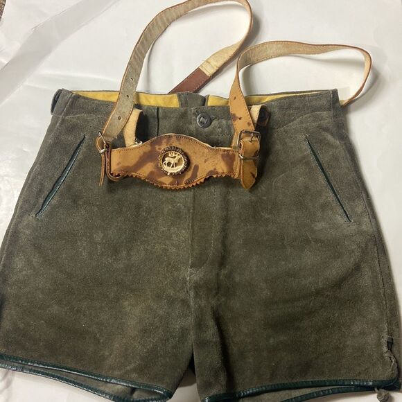 Rare German Authentic VTG Leather Suede Short Overall One Lederhosen Size